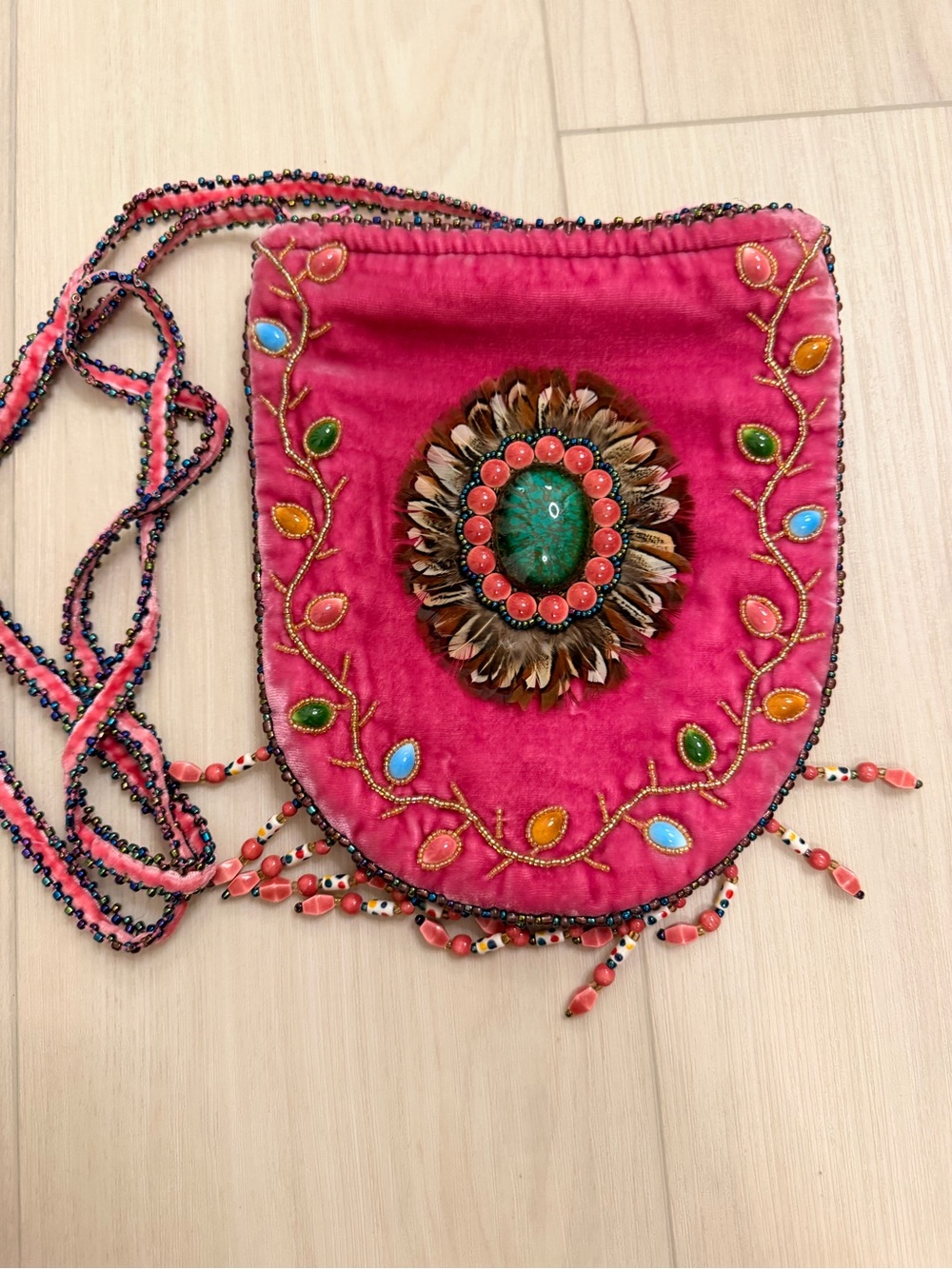 Embellished Pink Velvet Crossbody Bag with Gemstone Detail